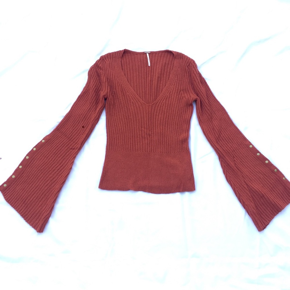 Free People Rust Orange Knit Sweater w Bell Sleeve